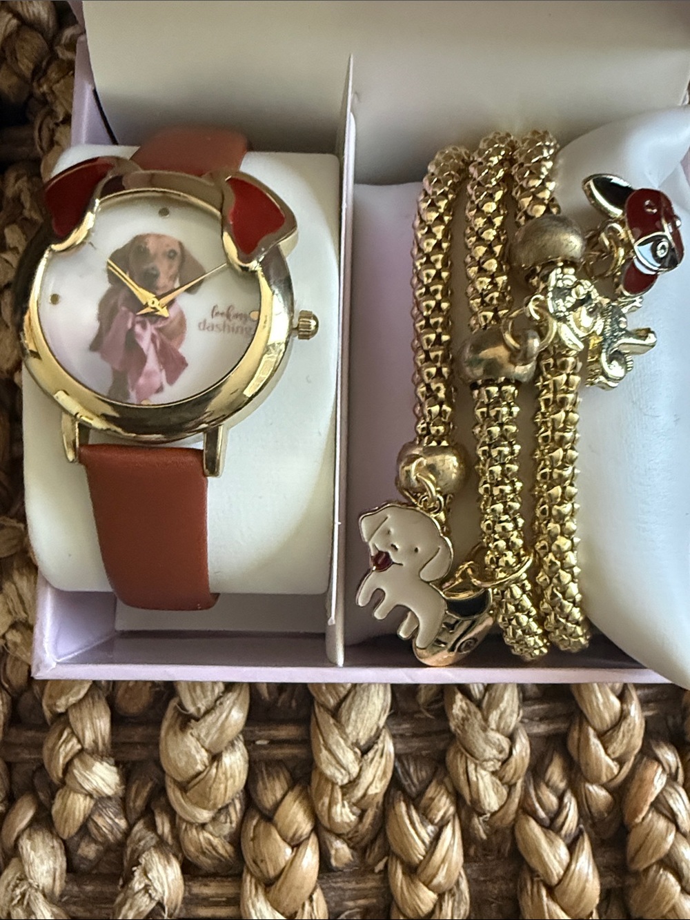 Brown Leather Dog Face Women's Watch with Gold Accents